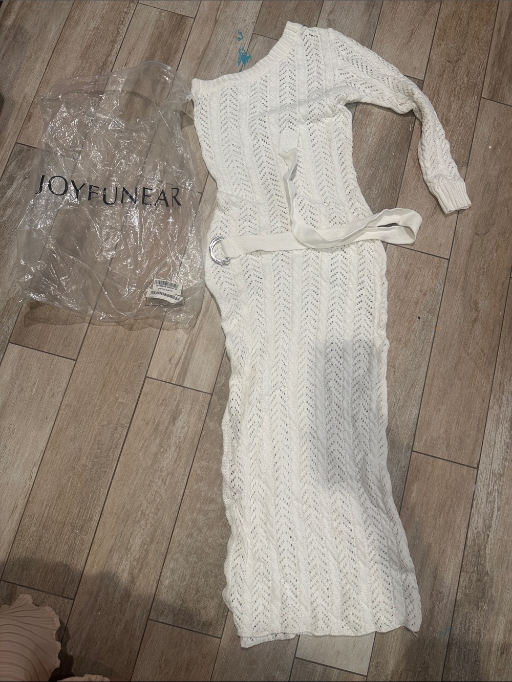 JOYFUNEAR White Open-Knit Maxi Dress with Belt